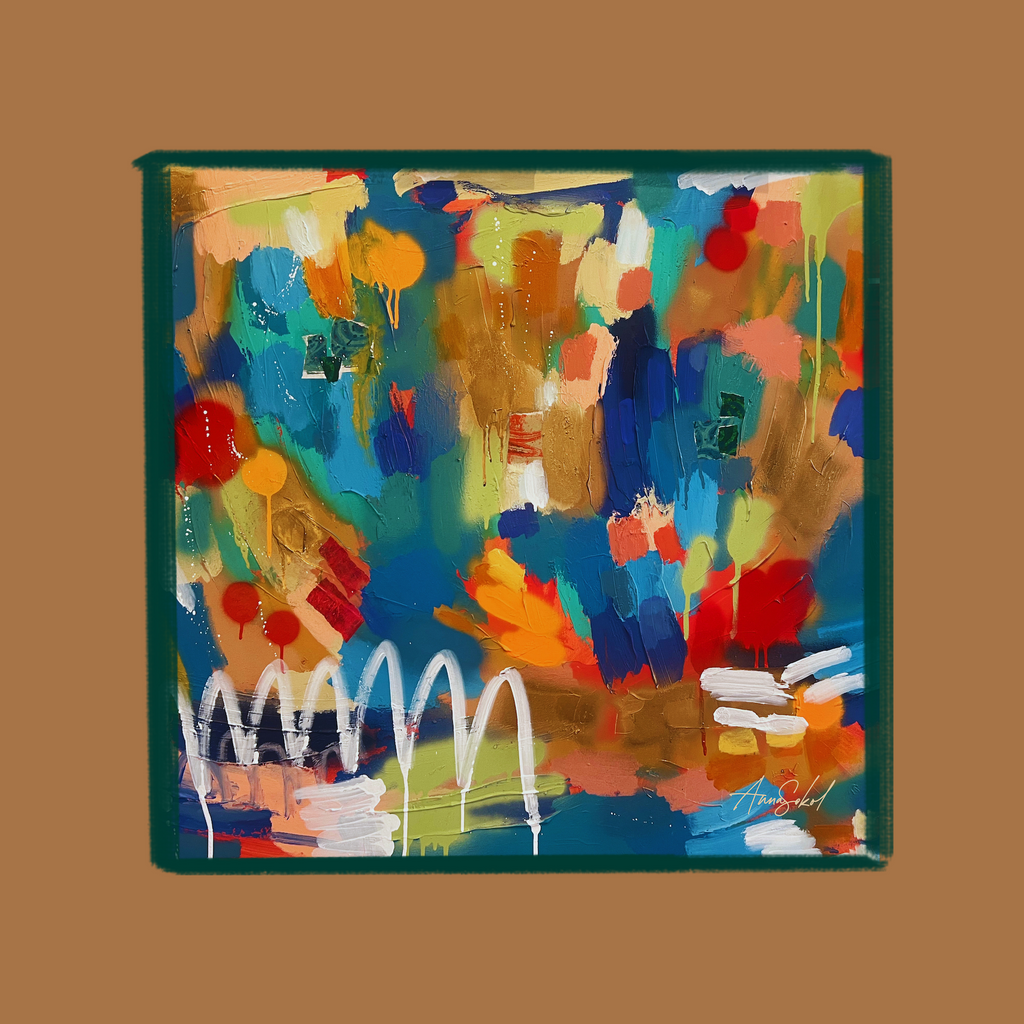 An abstract square painting with a dark green border, featuring a vibrant mix of blue, green, red, orange, yellow, and white brushstrokes, displayed against a solid brown background.