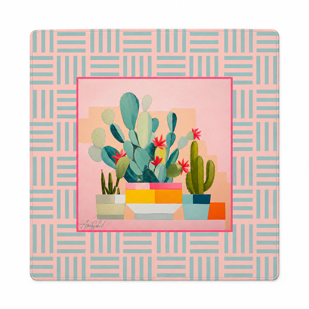 A square decorative print or coaster featuring a central illustration of potted cacti and succulents in pastel colors, surrounded by a pink and light blue geometric patterned border.