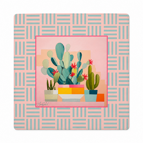 A square decorative print or coaster featuring a central illustration of potted cacti and succulents in pastel colors, surrounded by a pink and light blue geometric patterned border.