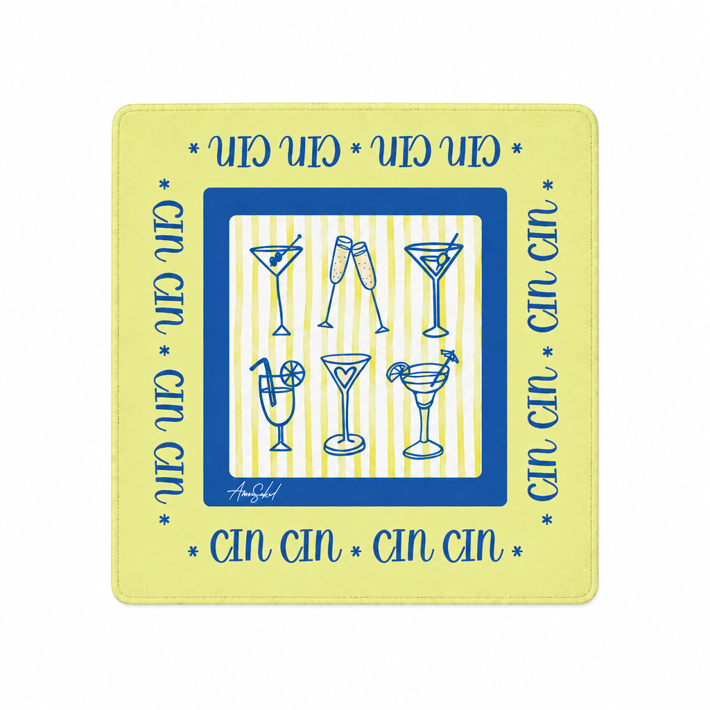 A square pale yellow coaster or mat with a blue border and blue text reading 'cin cin' around the edges, surrounding a central illustration of six cocktail glasses on a yellow-and-white striped background.
