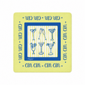 A square pale yellow coaster or mat with a blue border and blue text reading 'cin cin' around the edges, surrounding a central illustration of six cocktail glasses on a yellow-and-white striped background.