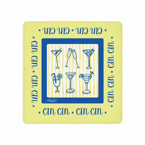 A square pale yellow coaster or mat with a blue border and blue text reading 'cin cin' around the edges, surrounding a central illustration of six cocktail glasses on a yellow-and-white striped background.