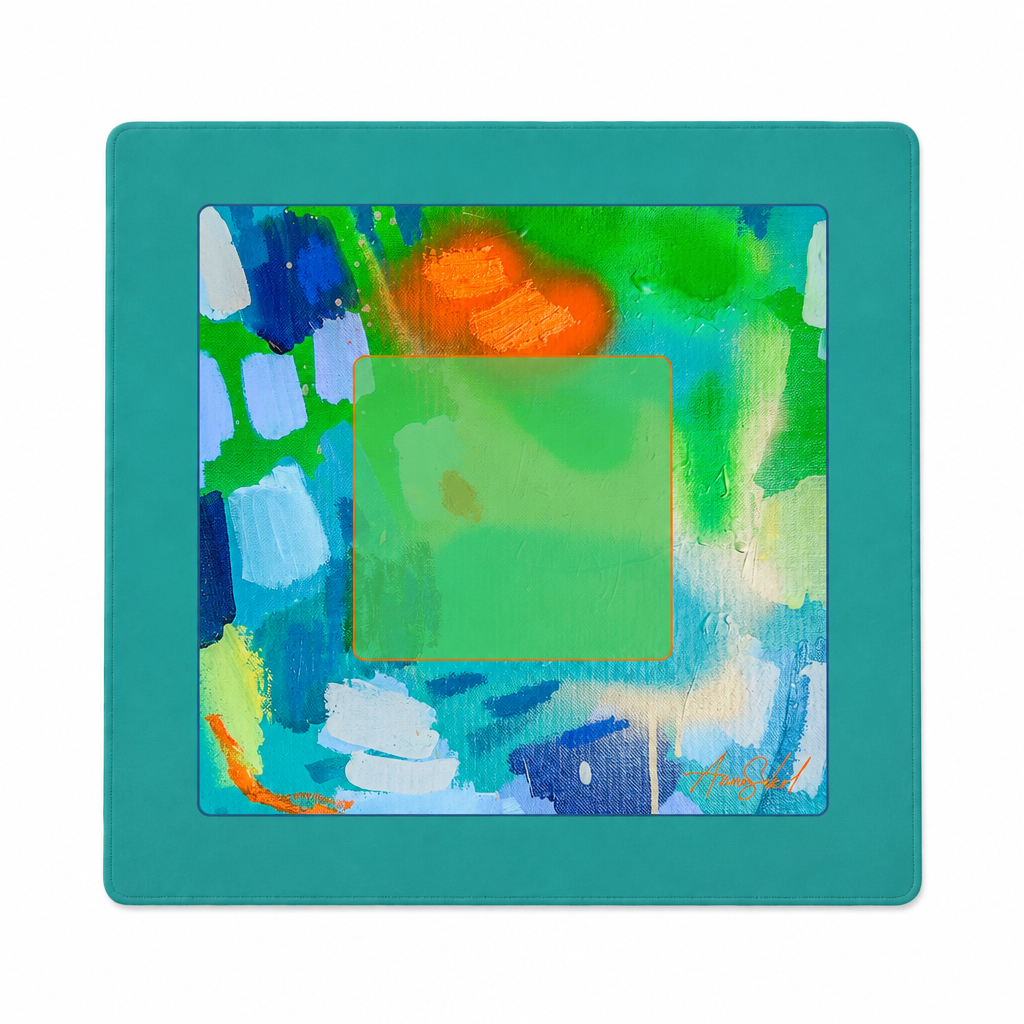 An abstract square art print featuring a textured teal border and a colorful painted center with green, blue, orange, and white brushstrokes, shown against a plain white background.