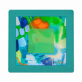 An abstract square art print featuring a textured teal border and a colorful painted center with green, blue, orange, and white brushstrokes, shown against a plain white background.