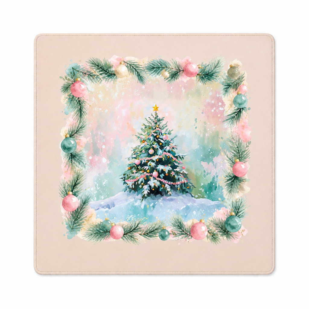 A square decorative print or coaster featuring a watercolor-style Christmas scene with a snow-covered tree centered within a pastel border of pine branches, pink ornaments, and soft blue-green accents on a pale blush background.