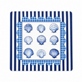A square decorative placemat or mat featuring a blue and white scallop border, a central white panel with nine blue seashell illustrations, and a blue-and-white striped outer border.