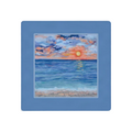 A square art print or coaster featuring an impressionistic painting of an ocean sunset. The artwork shows blue water, a glowing yellow-orange sun on the horizon, and a cloudy sky with pink, orange, and blue tones.