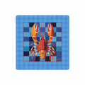 A square decorative print or tile featuring a stylized lobster centered on a blue checkerboard background with a lighter blue gingham border. The lobster is rendered in orange, red, yellow, and blue tones, and there is a small artist signature in the lower right of the artwork.