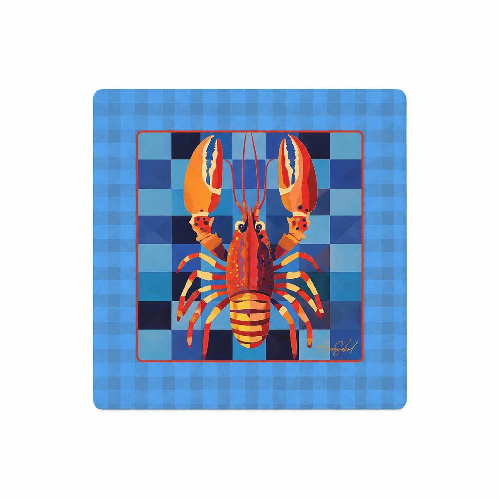 A square decorative print or tile featuring a stylized lobster centered on a blue checkerboard background with a lighter blue gingham border. The lobster is rendered in orange, red, yellow, and blue tones, and there is a small artist signature in the lower right of the artwork.