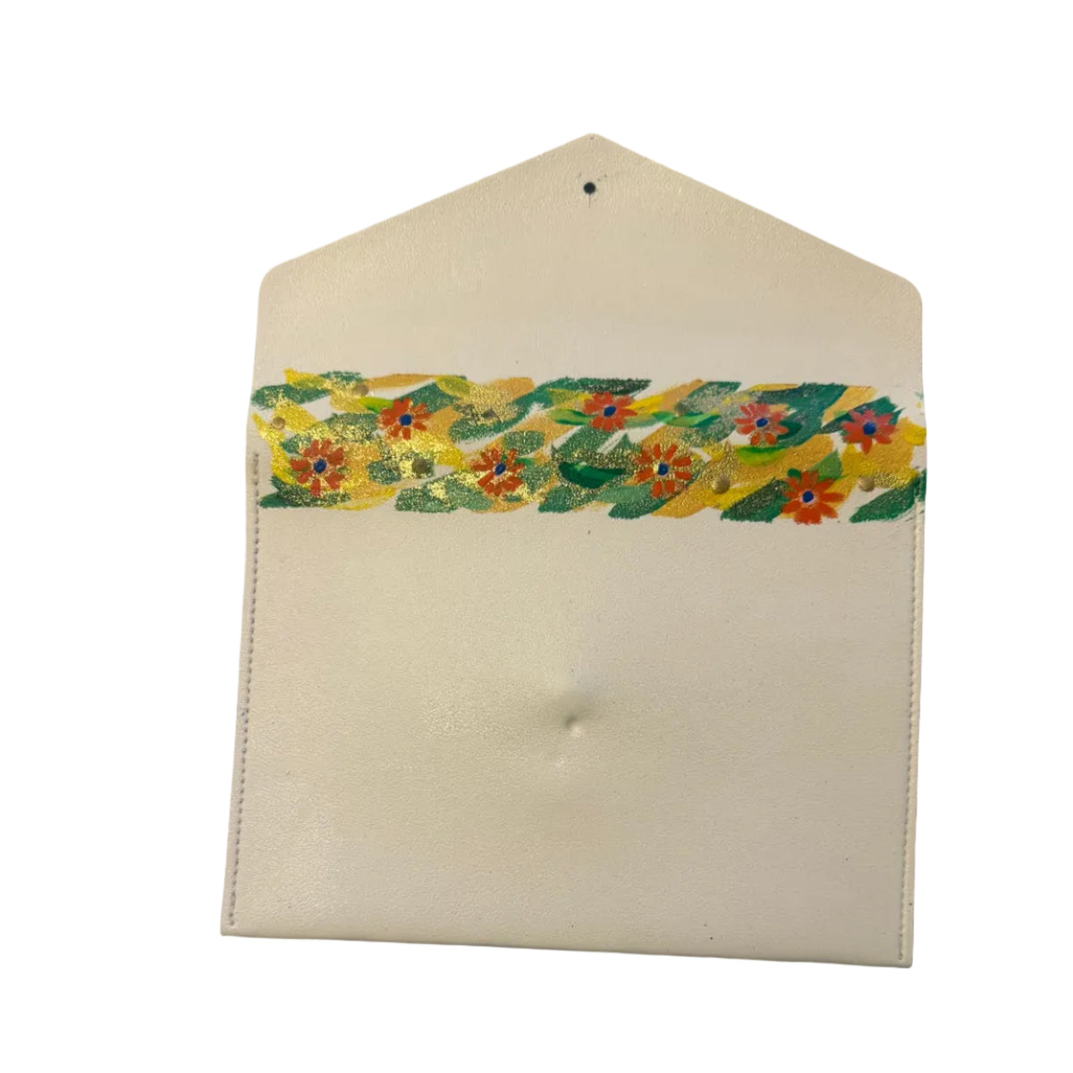 An off-white leather envelope-style clutch or pouch with a colorful floral washi tape strip across the upper-middle section, shown on a gray marble surface with a hand at the bottom.