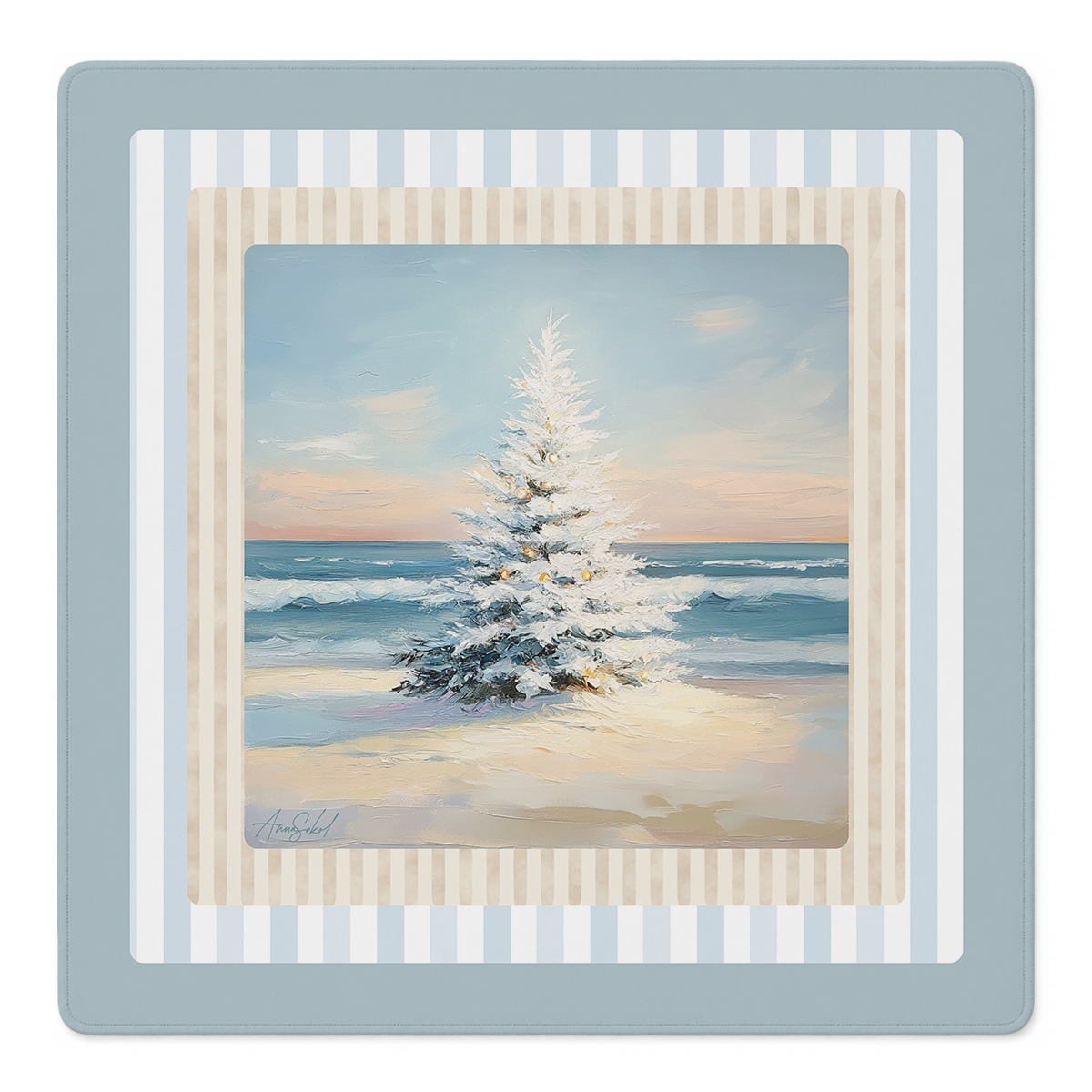 A square framed art print featuring a snowy pine tree on a beach at sunset, surrounded by layered decorative borders in light blue, cream, and white stripes.