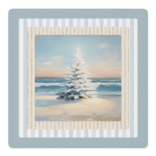 A square framed art print featuring a snowy pine tree on a beach at sunset, surrounded by layered decorative borders in light blue, cream, and white stripes.