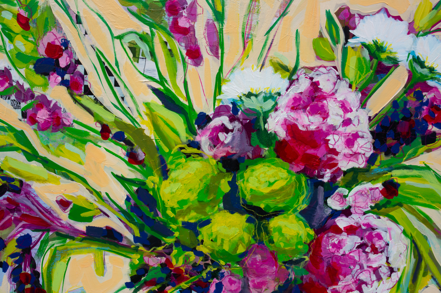 Vibrant impressionist-style floral painting featuring pink and white blossoms, green leaves, and bright yellow-green berries on a warm cream background.