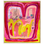 Colorful abstract artwork with pink and yellow tones on a white background