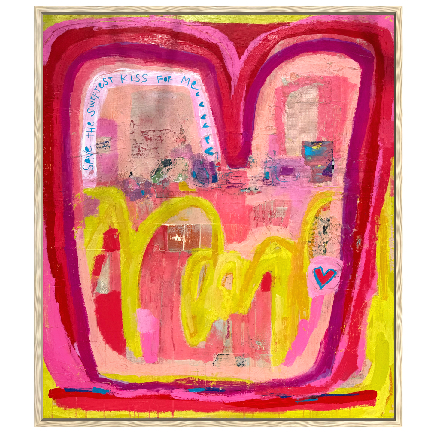Colorful abstract artwork with pink and yellow tones on a white background