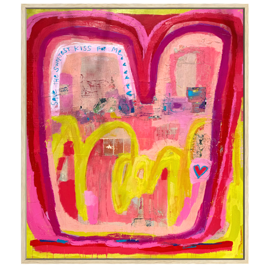 Colorful abstract artwork with pink and yellow tones on a white background