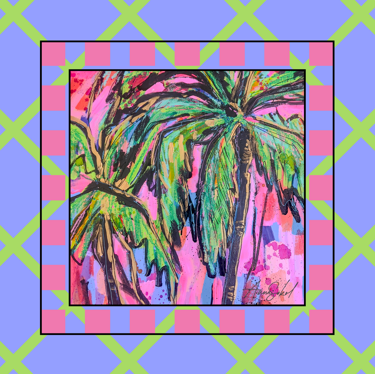 A square art print featuring a colorful, textured pop-art style painting of palm trees in vibrant shades of green, pink, and blue. The print is framed with a pink and black checkered border, set against a light purple background with a lime green X pattern.