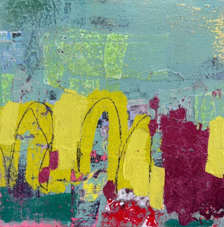 Abstract textured painting with layered brushstrokes in muted teal, yellow, burgundy, green, red, and white.