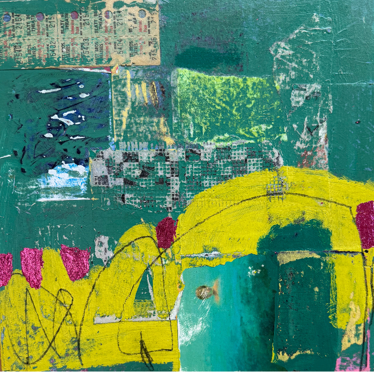 An abstract mixed-media painting featuring a textured teal and green background, a large bright yellow arch-like shape, teal and yellow blocks, black sketch lines, and magenta paint accents.