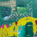 An abstract mixed-media painting featuring a textured teal and green background, a large bright yellow arch-like shape, teal and yellow blocks, black sketch lines, and magenta paint accents.