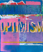 An abstract art print featuring the word 'OPTIMISM' in textured gold letters over a colorful background of blue, pink, purple, and red blocks.