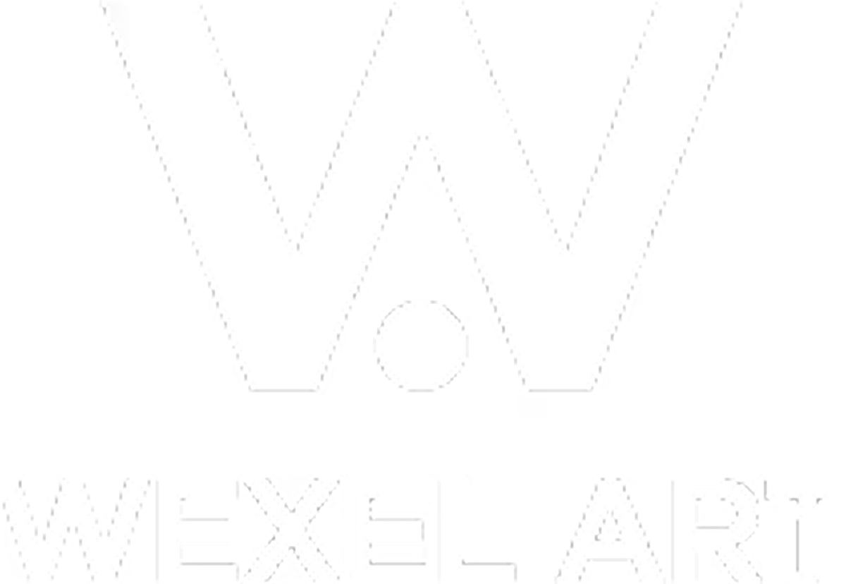 White dotted logo featuring a large stylized 'W' above the text 'WEXEL ART' on a white background.