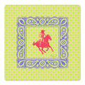 A square bandana-style print with a bright lime green and pale pink diamond pattern border, a blue paisley-style frame, and a central pink silhouette of a cowboy riding a horse. Anna Sokol at the bottom